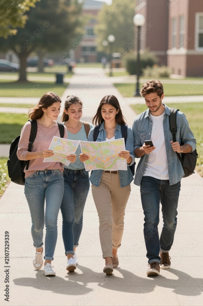 Obraz premium group of young adults exploring campus with maps and smartphone on a sunny day