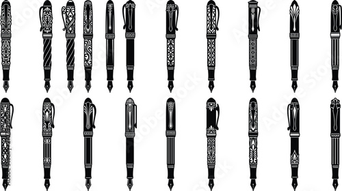 Foto Fountain pen vector icons set with vintage ornate writing instruments and nib pe
