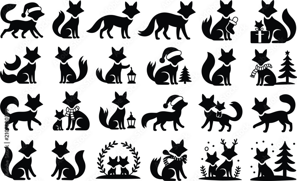 Fototapeta premium Set of fox silhouette icons for winter and christmas themed graphic design applications