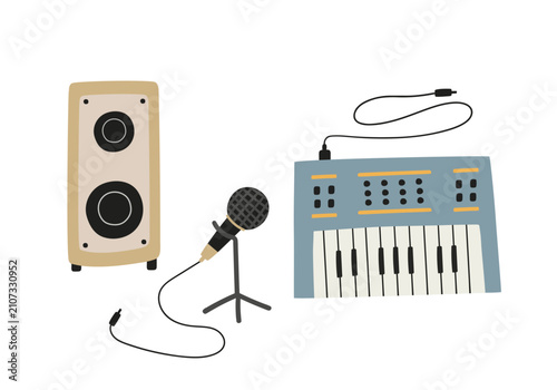 Foto Musical set with keyboard, microphone and speaker
