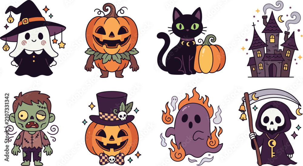 Fototapeta premium A collection of cute halloween stickers featuring a ghost a pumpkin a black cat a haunted house a zombie and reaper