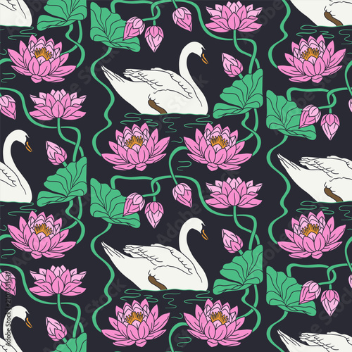 Vintage seamless pattern with art deco style hand drawn white swan and pink water lily flowers