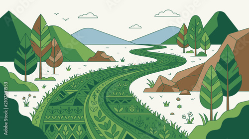 Illustrazione vettoriale piatta di un paesaggio naturale sereno con colline verdi, alberi stilizzati, un fiume sinuoso e motivi decorativi floreali in stile moderno e minimalista.