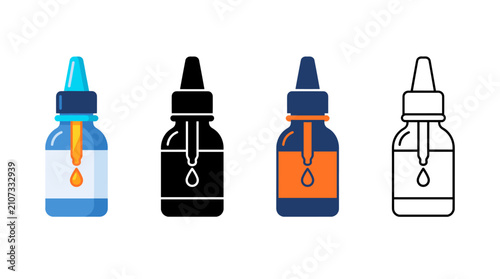 Eye Dropper Icon with Eye Drop Bottle for Ophthalmic Treatment in Flat, Silhouette, Outline and Glyph Design
