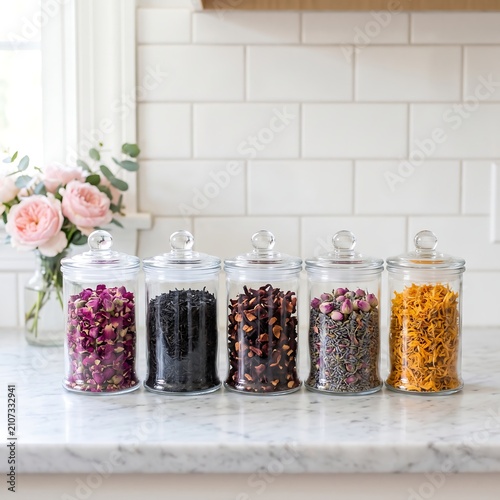 Beautiful clear glass apothecary jars filled with colorful dried botanicals