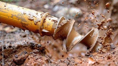 Close up of a robust industrial auger drill bit digging into wet muddy soil at a construction site