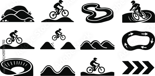Mountain Biking BMX Dirt Jumps Trail Track Icons Collection