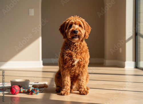 Fluffy brown dog sitting on floor with toys in bright room  