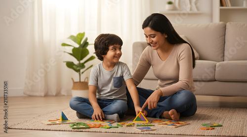 Happy Indian mother sitting on living room floor helping her little son solve educational wooden shape puzzle, family quality time and early childhood learning concept