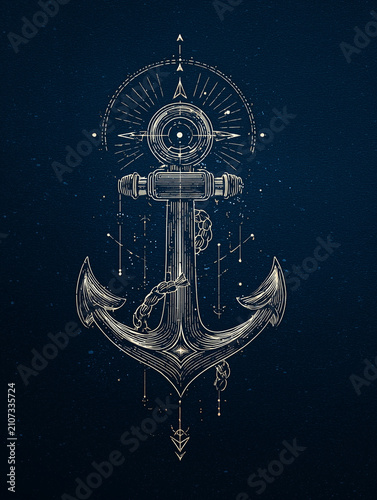 Vintage anchor illustration with compass rose and nautical elements