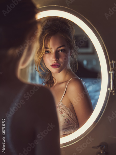 Woman looking at her reflection in glowing ring light mirror