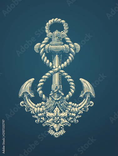 Vintage anchor illustration with rope and floral ornate details