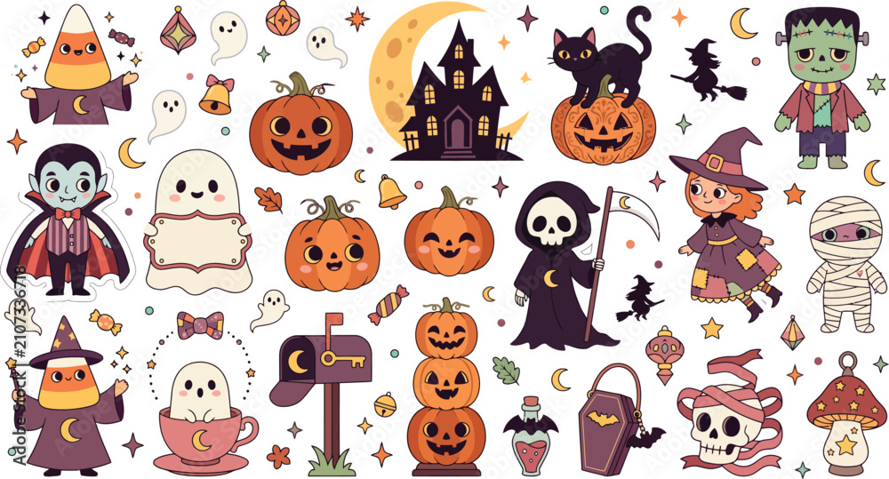 Fototapeta premium A collection of cute cartoon halloween characters including ghosts pumpkins witches frankenstein a haunted house and various spooky festive elements