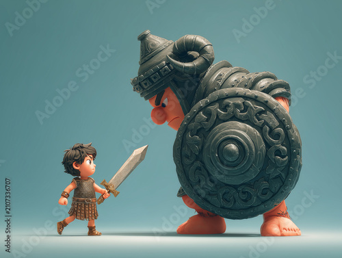 Brave boy warrior challenging giant soldier with sword