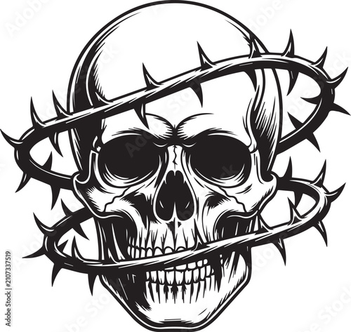 Obraz na płótnie Black and white illustration of a human skull wrapped in a sharp crown of thorny