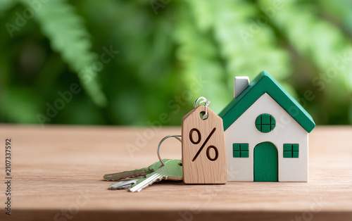 фотографія Miniature house with percentage tag symbol representing mortgage interest rates