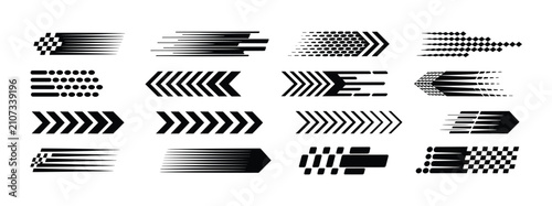 Speed and Motion Abstract Graphics. A collection of abstract graphic elements depicting speed, motion, and forward momentum. Racing flag pattern, chevron arrows, blurred lines.
