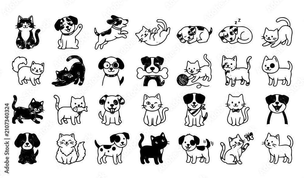 Fototapeta premium Funny Cats and Dogs Flat Linear Mascot Character Set with Cute Pet Stickers and Cartoon Animal Vector Collection