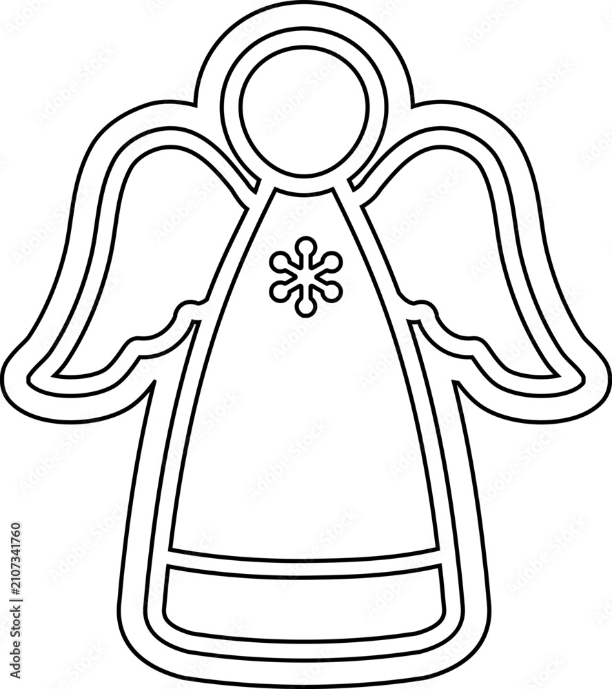 Obraz premium Christmas angel gingerbread cookie outline vector illustration. Cute angel cookie cutter line art isolated. Holiday angel ornament coloring page icon for kids.