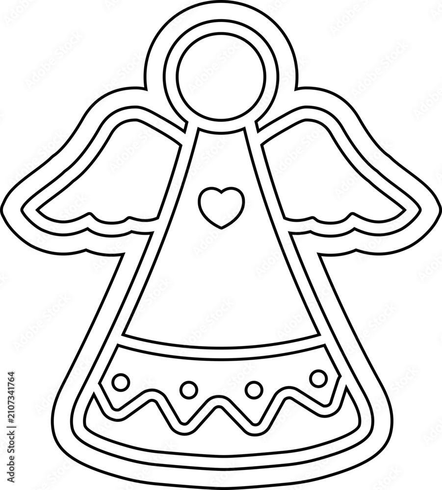 Obraz premium Christmas angel gingerbread cookie outline vector illustration. Cute angel cookie cutter line art isolated. Holiday angel ornament coloring page icon for kids.
