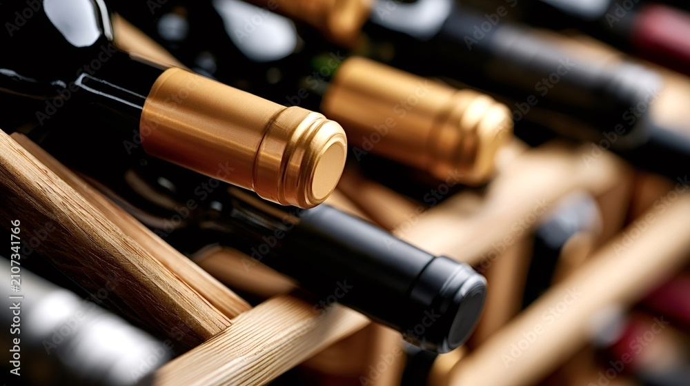 Obraz premium Dark glass wine bottles with gold and black foil seals resting on a natural wooden rack, representing sophisticated storage and a valuable collection in a professional cellar environment