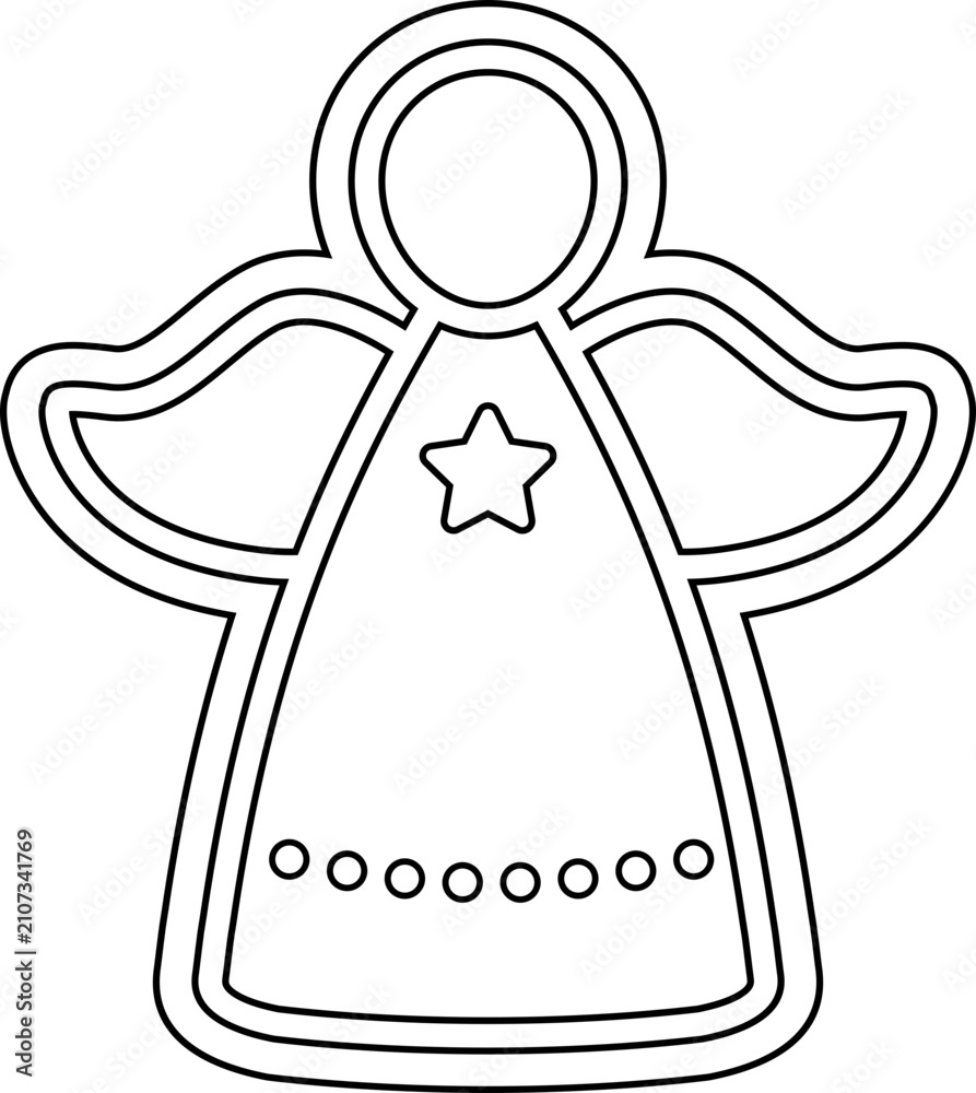 Obraz premium Christmas angel gingerbread cookie outline vector illustration. Cute angel cookie cutter line art isolated. Holiday angel ornament coloring page icon for kids.