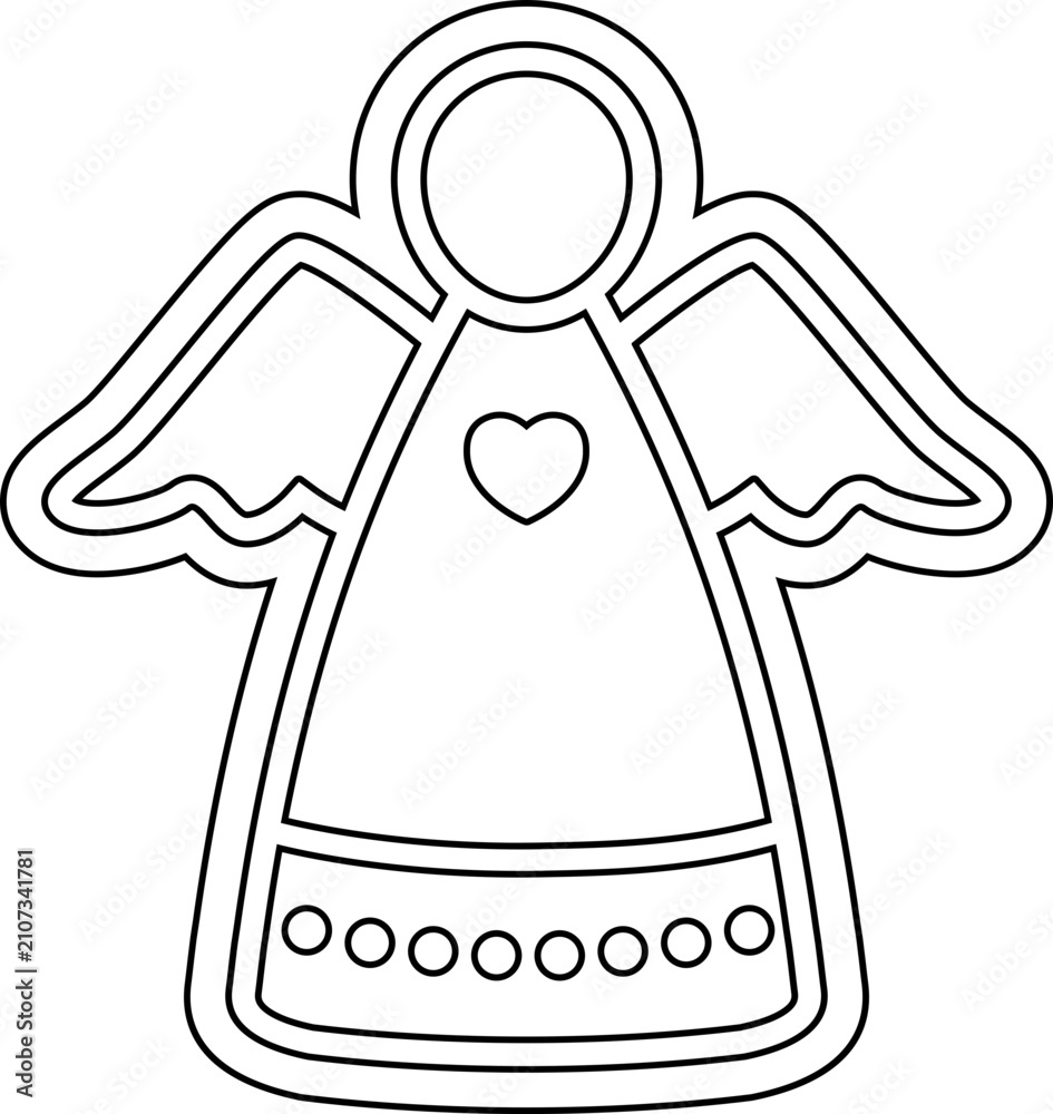 Obraz premium Christmas angel gingerbread cookie outline vector illustration. Cute angel cookie cutter line art isolated. Holiday angel ornament coloring page icon for kids.