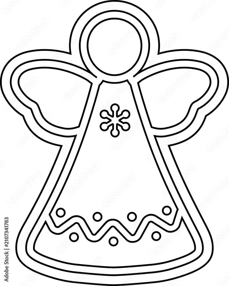 Obraz premium Christmas angel gingerbread cookie outline vector illustration. Cute angel cookie cutter line art isolated. Holiday angel ornament coloring page icon for kids.
