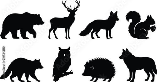 Fotografia Forest animals and woodland wildlife vector silhouettes set featuring grizzly be