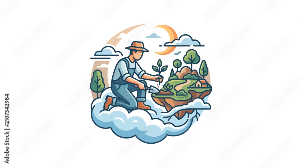 Naklejka premium Retro-Modern Cloud Gardener Cultivating Floating Islands