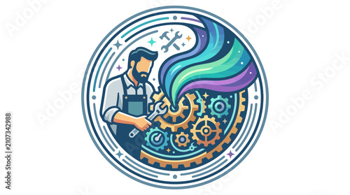 фотографія Retro-Modern Clockmaker Emblem with Northern Lights and Gears - Vector Illustrat