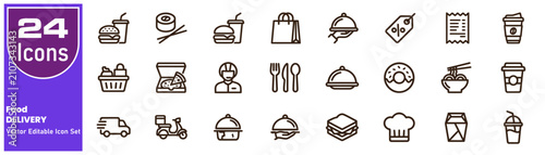 Fotografie Food delivery icon set 24 vector icons for restaurants apps and online ordering