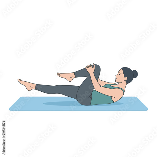 Woman performing yoga pose on mat stretching one leg and hugging the other knee