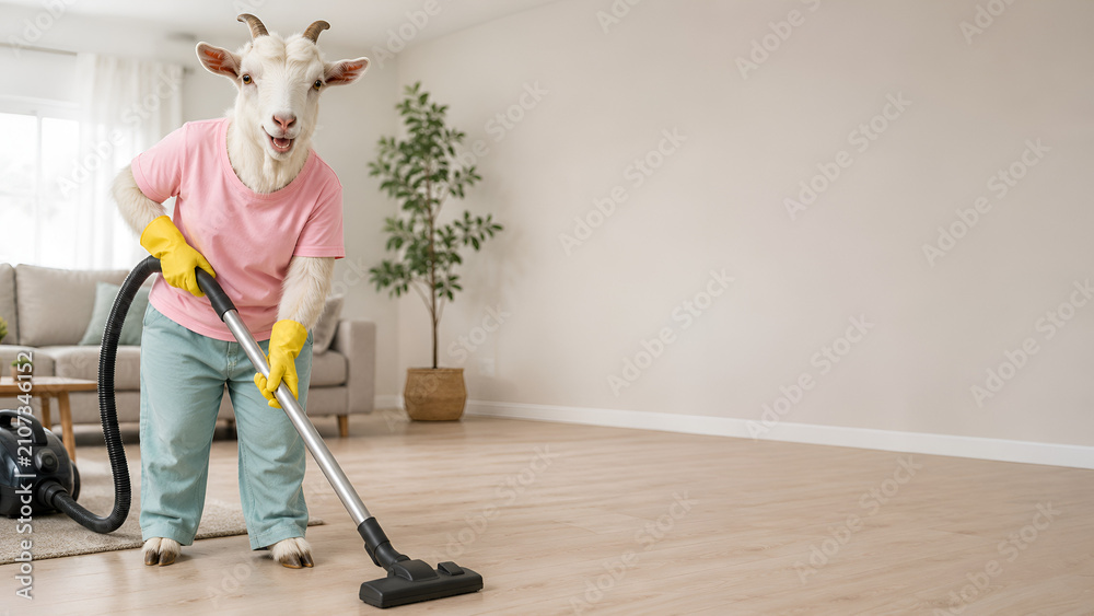 Fototapeta premium Goat vacuuming living room in funny household chore scene