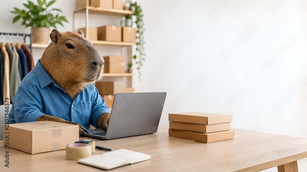 Fototapeta premium Capybara remote worker using laptop beside moving boxes