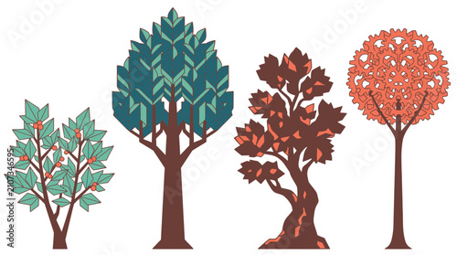 Eine Sammlung von vier stilisierten Bäumen in flachem Design mit verschiedenen Formen und Farben, isoliert auf einem weißen Hintergrund für grafische Projekte.