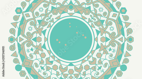 Ein kunstvolles, kreisförmiges Mandala-Design mit geometrischen Mustern in Türkis und Beige auf einem hellen Hintergrund, ideal für dekorative Zwecke und grafische Projekte.