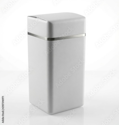 White trash can with metal trim