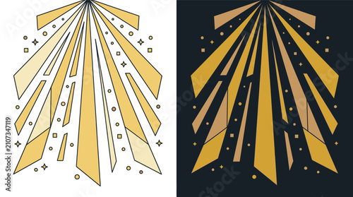 Abstraktes Art-Deco-Design mit goldenen Strahlen und geometrischen Linien auf weißem und dunklem Hintergrund für elegante grafische Projekte und luxuriöse Dekorationen.