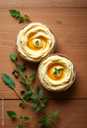 Two bowls of creamy hummus ...