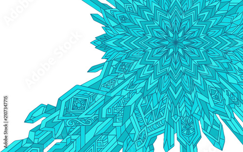 Abstraktes geometrisches Design mit komplexen cyanfarbenen Kristallstrukturen und symmetrischen Mustern auf einem sauberen weißen Hintergrund für kreative Grafikprojekte