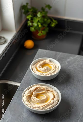 Two bowls of creamy hummus ...