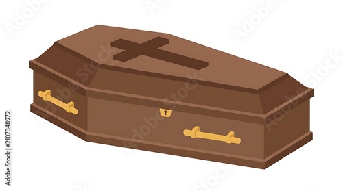Wooden coffin with a cross. Funeral casket isolated on white background.