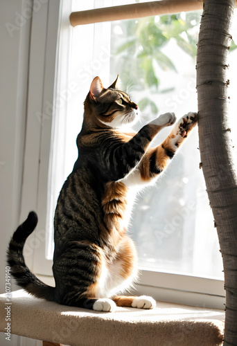 Tabby cat stretching and sc...