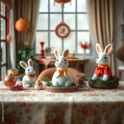 Three white rabbit figurine...