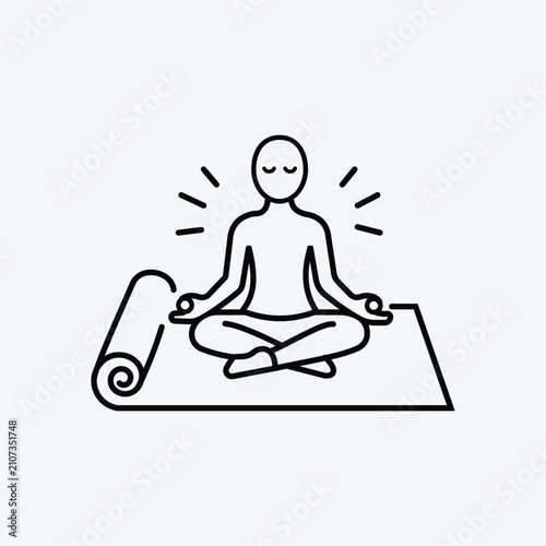 Line art illustration of a person meditating in lotus position with rolled mat