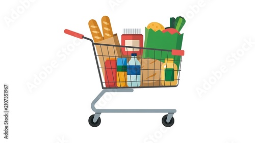 Full shopping cart with various groceries