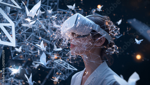 白いVRヘッドセットを装着し光輝く3Dの折り紙の鶴や幾何学的な折り模様の渦に包まれる女性