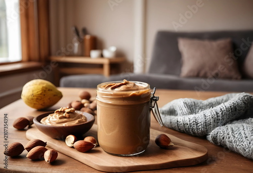 Nut butter in a glass jar a...