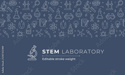 STEM laboratory top border background with school science icons and copy space for classroom banners, worksheets and education design, Vector Illustration, editable stroke weight, white line art on bl